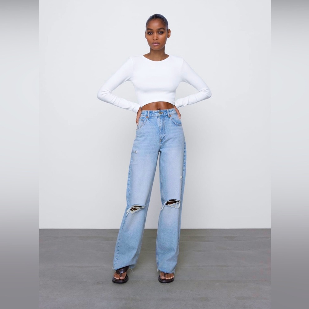 NWOT Zara Wide Leg Full Length Ripped Jeans